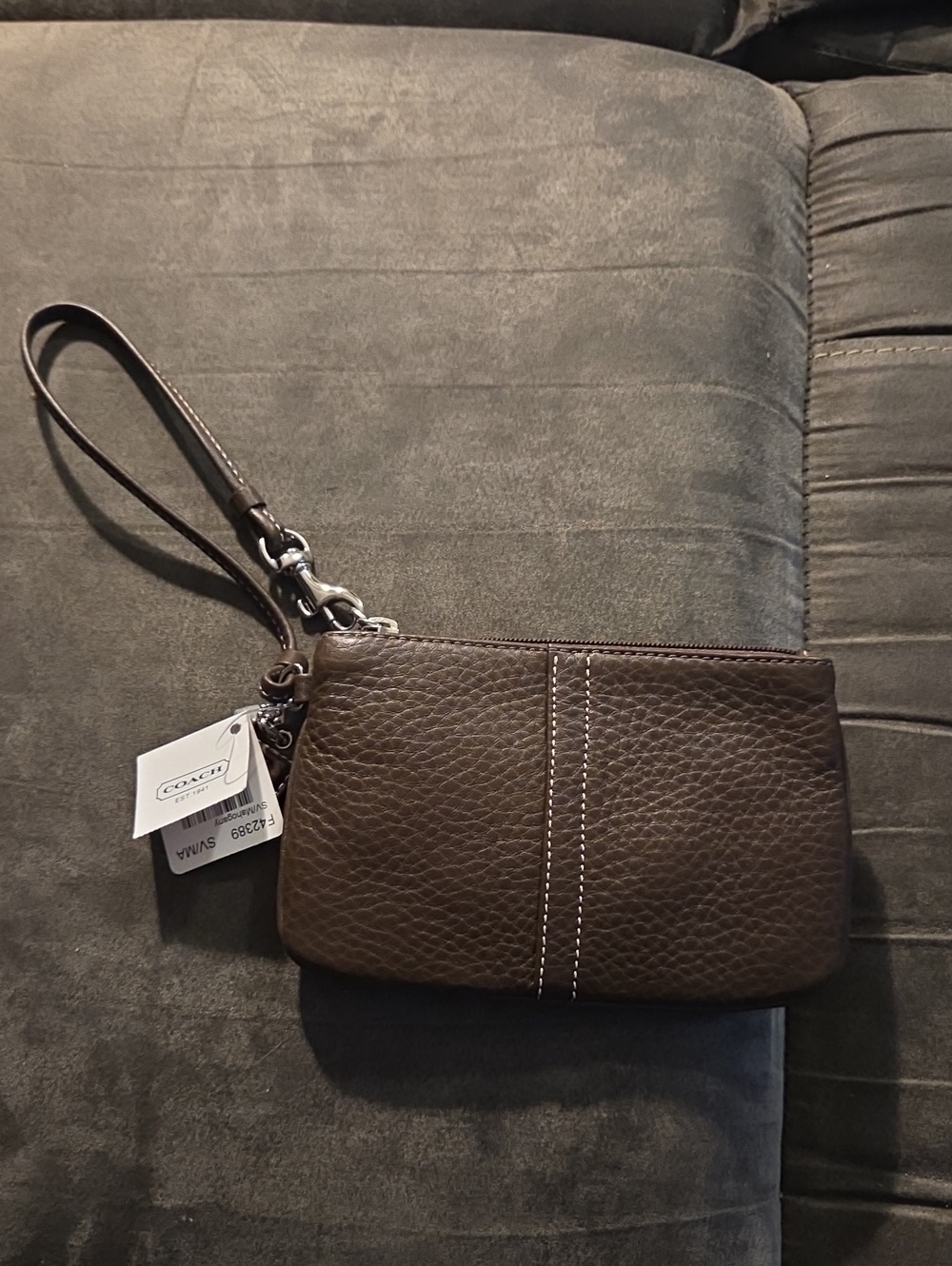 Coach Brown Pebbled Leather Wristlet with Contrast Stitching
